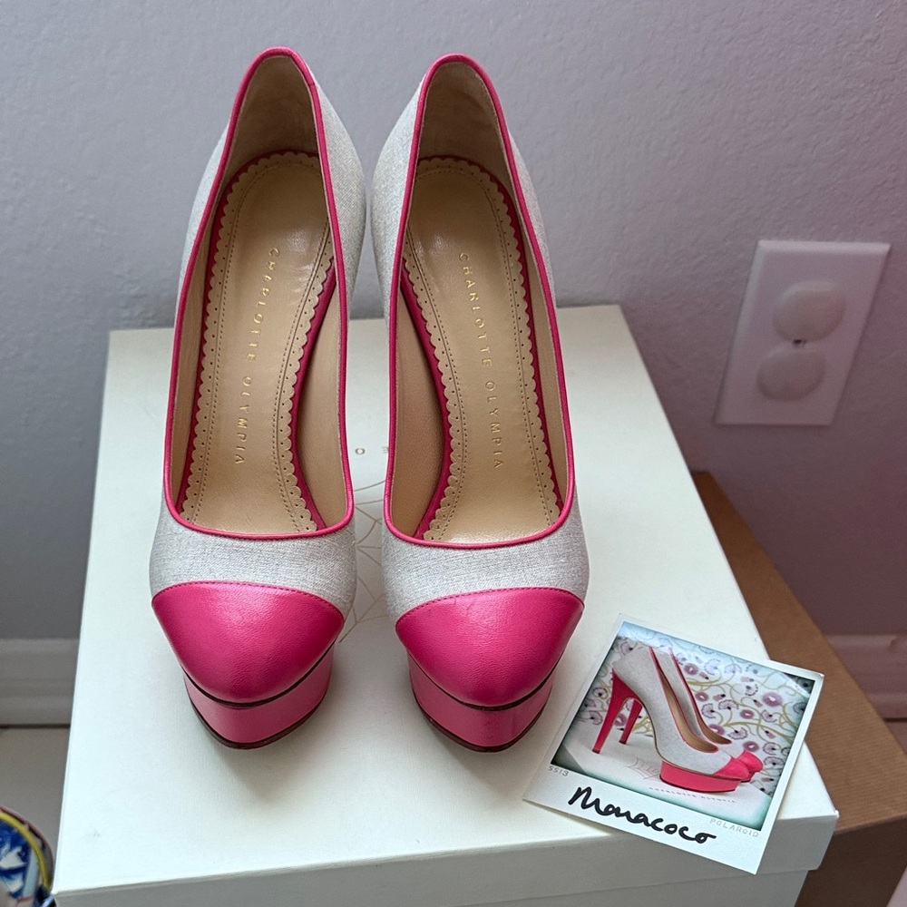Charlotte Olympia Monacoco Hot Pink and Linen Platform Pumps 150mm - Size 35.5